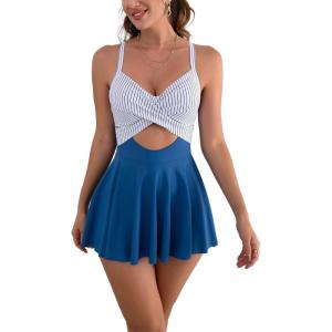 imageB2prity Women Cutout One Piece Skirt Swimsuit V Neck Tie Back Swimdress Tummy Control Bathing SuitStripeBlue