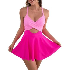 imageB2prity Women Cutout One Piece Skirt Swimsuit V Neck Wrap Tie Back Swimdress Tummy Control Bathing SuitHot Pink