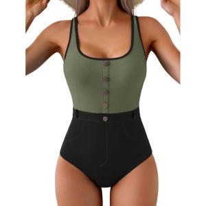 imageB2prity Womens Color Block One Piece Swimsuit Tummy Control Slimming Bathing Suit Scoop Neck High Waisted SwimwearArmy Green Black