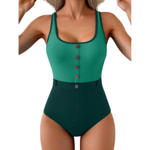 imageB2prity Womens Color Block One Piece Swimsuit Tummy Control Slimming Bathing Suit Scoop Neck High Waisted SwimwearGreen Color Block