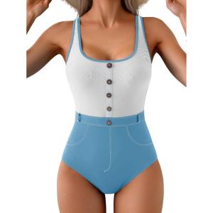 imageB2prity Womens Color Block One Piece Swimsuit Tummy Control Slimming Bathing Suit Scoop Neck High Waisted SwimwearLight Blue White