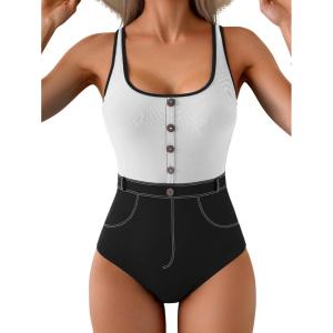 imageB2prity Womens Color Block One Piece Swimsuit Tummy Control Slimming Bathing Suit Scoop Neck High Waisted SwimwearWhite Black