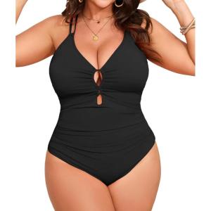 imageB2prity Womens Plus Size One Piece Swimsuit Tummy Control Slimming Bathing Suit V Neck Swimwear Ruched Swim SuitBlack