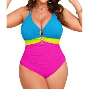 imageB2prity Womens Plus Size One Piece Swimsuit Tummy Control Slimming Bathing Suit V Neck Swimwear Ruched Swim SuitBlue  Yellow  Hot Pink