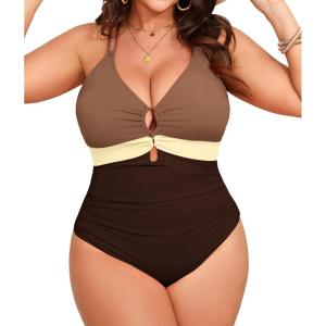 imageB2prity Womens Plus Size One Piece Swimsuit Tummy Control Slimming Bathing Suit V Neck Swimwear Ruched Swim SuitBrown  Beige  Coffee