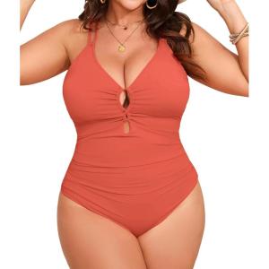 imageB2prity Womens Plus Size One Piece Swimsuit Tummy Control Slimming Bathing Suit V Neck Swimwear Ruched Swim SuitPeach Pink