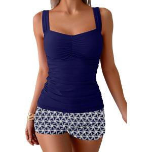 imageB2prity Womens Tankini Swimsuit Tummy Control Ruched Two Piece Bathing Suit Push Up Modest Swim Suits with Shorts