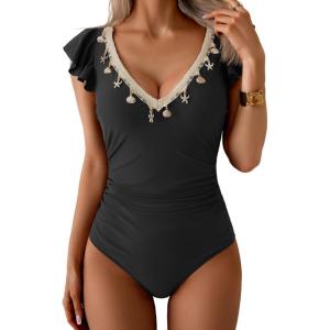 imageB2prity Womens Tummy Control One Piece Swimsuit V Neck Bathing Suit Ruffled Sleeve Swim Suit Shell SwimwearBlack