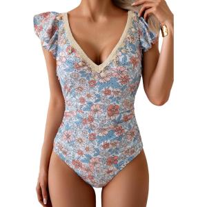 imageB2prity Womens Tummy Control One Piece Swimsuit V Neck Bathing Suit Ruffled Sleeve Swim Suit Shell SwimwearOrange Floral