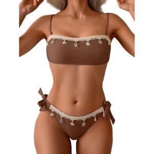 imageB2prity Bikini Sets for Women Two Piece Swimsuit Push Up Tie Back Bathing Suit Bandeau Top Shell SwimwearBrown