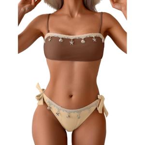 imageB2prity Bikini Sets for Women Two Piece Swimsuit Push Up Tie Back Bathing Suit Bandeau Top Shell SwimwearBrown Color Block