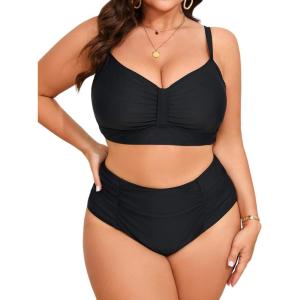 imageB2prity Womens Bikini Sets Plus Size Tummy Control Swimsuit High Waisted Two Piece Bathing Suit Ruched SwimwearBlack