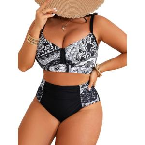 imageB2prity Womens Bikini Sets Plus Size Tummy Control Swimsuit High Waisted Two Piece Bathing Suit Ruched SwimwearBlack and White Print