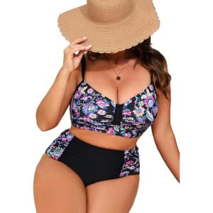 imageB2prity Womens Bikini Sets Plus Size Tummy Control Swimsuit High Waisted Two Piece Bathing Suit Ruched SwimwearBlue and Pink Floral