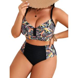 imageB2prity Womens Bikini Sets Plus Size Tummy Control Swimsuit High Waisted Two Piece Bathing Suit Ruched SwimwearOrange Print