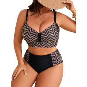 imageB2prity Womens Bikini Sets Plus Size Tummy Control Swimsuit High Waisted Two Piece Bathing Suit Ruched SwimwearWshaped Stripe
