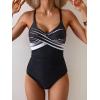 imageB2prity Womens One Piece Swimsuits Tummy Control Front Cross Bathing Suits Tie Back Slimming V Neck SwimwearBlack and White Stripe