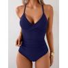 imageB2prity Womens One Piece Swimsuits Tummy Control Front Cross Bathing Suits Tie Back Slimming V Neck SwimwearNavy Blue Solid Color