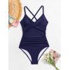 imageB2prity Womens One Piece Swimsuits Tummy Control Front Cross Bathing Suits Tie Back Slimming V Neck SwimwearNavy Blue Solid Color