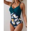 imageB2prity Womens One Piece Swimsuits Tummy Control Front Cross Bathing Suits Tie Back Slimming V Neck SwimwearPeacock Green  White Floral