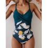 imageB2prity Womens One Piece Swimsuits Tummy Control Front Cross Bathing Suits Tie Back Slimming V Neck SwimwearPeacock Green  White Floral