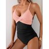 imageB2prity Womens One Piece Swimsuits Tummy Control Front Cross Bathing Suits Tie Back Slimming V Neck SwimwearPink Black Color Block