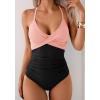 imageB2prity Womens One Piece Swimsuits Tummy Control Front Cross Bathing Suits Tie Back Slimming V Neck SwimwearPink Black Color Block
