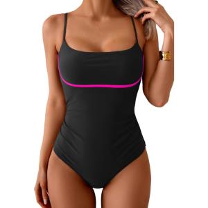 imageB2prity Womens One Piece Swimsuit Tummy Control Ruched Bathing Suit Color Block Swimwear with Adjustable Spaghetti StrapBlack  Hot Pink