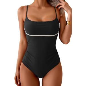 imageB2prity Womens One Piece Swimsuit Tummy Control Ruched Bathing Suit Color Block Swimwear with Adjustable Spaghetti StrapBlack  White