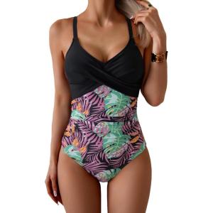 imageB2prity Womens One Piece Swimsuits Tummy Control Front Cross Bathing Suits Tie Back Slimming V Neck SwimwearBlack  Purple Leaf