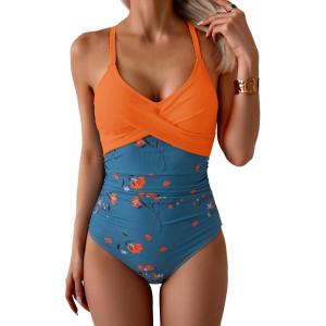 imageB2prity Womens One Piece Swimsuits Tummy Control Front Cross Bathing Suits Tie Back Slimming V Neck SwimwearOrange  Blue Orange Floral