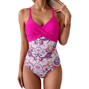 imageB2prity Womens One Piece Swimsuits Tummy Control Front Cross Bathing Suits Tie Back Slimming V Neck SwimwearPurple  Purple Floral