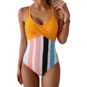 imageB2prity Womens One Piece Swimsuits Tummy Control Front Cross Bathing Suits Tie Back Slimming V Neck SwimwearYellow  Colorful Stripe