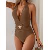 imageB2prity Womens Sexy Two Piece Swimsuit Tummy Control Halter Plunge One Piece Bathing Suit with Cover Up SkirtBrown