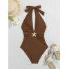 imageB2prity Womens Sexy Two Piece Swimsuit Tummy Control Halter Plunge One Piece Bathing Suit with Cover Up SkirtBrown