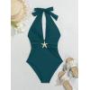 imageB2prity Womens Sexy Two Piece Swimsuit Tummy Control Halter Plunge One Piece Bathing Suit with Cover Up SkirtPeacock Green