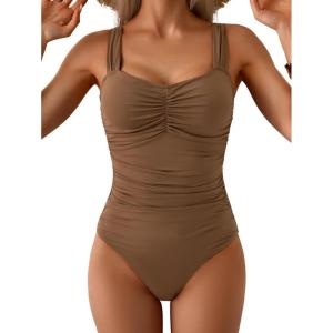 imageB2prity One Piece Swimsuit for Women Tummy Control Bathing Suit Ruched Slimming SwimwearBrown