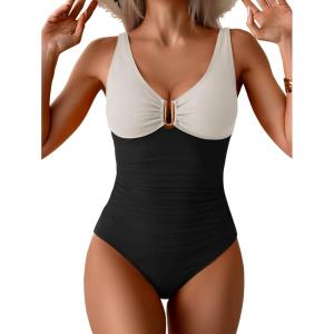 imageB2prity One Piece Swimsuit for Women Tummy Control Ruched Bathing Suit V Neck Push Up Swim SuitWhite  Black