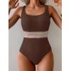 imageB2prity Womens Ribbed Tummy Control One Piece Swimsuit Slimming Bathing Suit Scoop Neck High Waisted SwimwearBrown