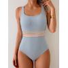 imageB2prity Womens Ribbed Tummy Control One Piece Swimsuit Slimming Bathing Suit Scoop Neck High Waisted SwimwearStripe Ribbed  Grey Blue