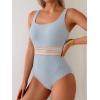 imageB2prity Womens Ribbed Tummy Control One Piece Swimsuit Slimming Bathing Suit Scoop Neck High Waisted SwimwearStripe Ribbed  Grey Blue