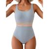 imageB2prity Womens Ribbed Tummy Control One Piece Swimsuit Slimming Bathing Suit Scoop Neck High Waisted SwimwearStripe Ribbed  Grey Blue