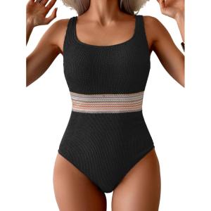 imageB2prity Womens Ribbed Tummy Control One Piece Swimsuit Slimming Bathing Suit Scoop Neck High Waisted SwimwearBlack