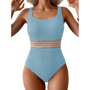imageB2prity Womens Ribbed Tummy Control One Piece Swimsuit Slimming Bathing Suit Scoop Neck High Waisted SwimwearBlue