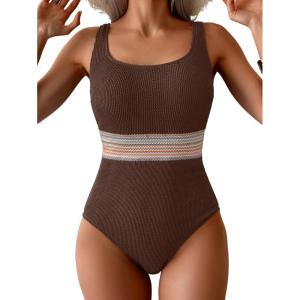 imageB2prity Womens Ribbed Tummy Control One Piece Swimsuit Slimming Bathing Suit Scoop Neck High Waisted SwimwearBrown
