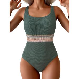 imageB2prity Womens Ribbed Tummy Control One Piece Swimsuit Slimming Bathing Suit Scoop Neck High Waisted SwimwearGreen