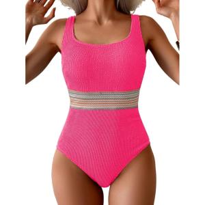 imageB2prity Womens Ribbed Tummy Control One Piece Swimsuit Slimming Bathing Suit Scoop Neck High Waisted SwimwearPink