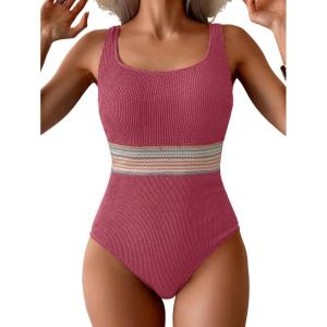 imageB2prity Womens Ribbed Tummy Control One Piece Swimsuit Slimming Bathing Suit Scoop Neck High Waisted SwimwearPurple