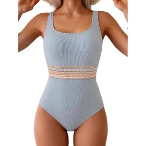imageB2prity Womens Ribbed Tummy Control One Piece Swimsuit Slimming Bathing Suit Scoop Neck High Waisted SwimwearStripe Ribbed  Grey Blue