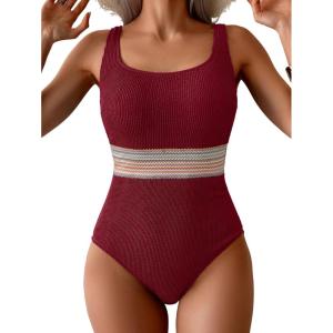 imageB2prity Womens Ribbed Tummy Control One Piece Swimsuit Slimming Bathing Suit Scoop Neck High Waisted SwimwearWine Red